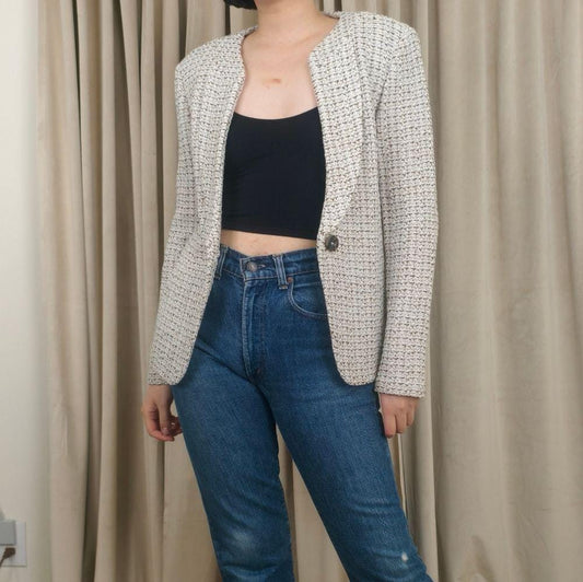 St John Mixed Thread Tweed White and Beige Knit Blazer
