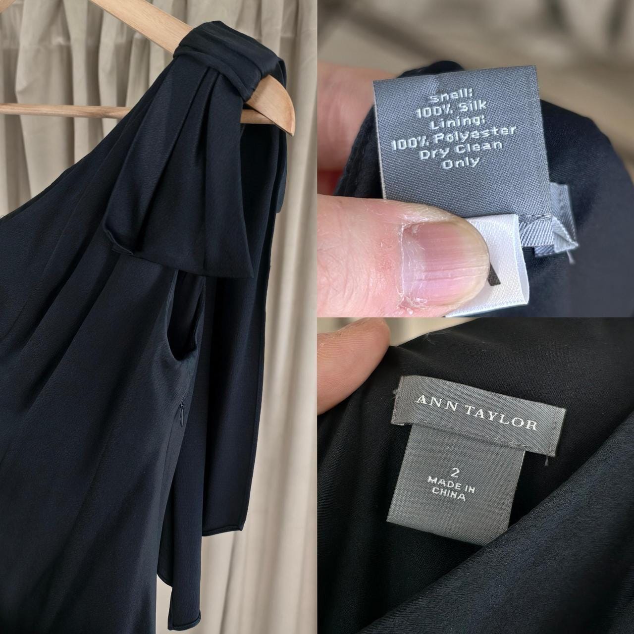 Ann Taylor Black Silk One Shoulder Midi Dress with Bow