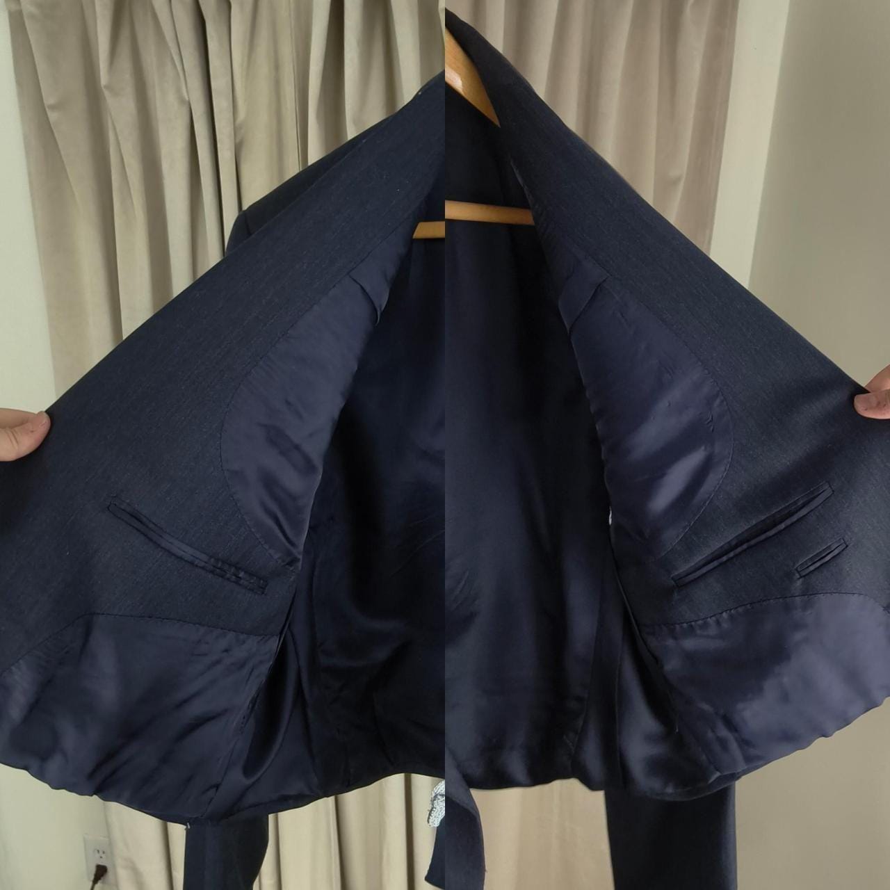 Reworked Vintage Navy Pinstripe Cropped Blazer Tang Mandarin Jacket