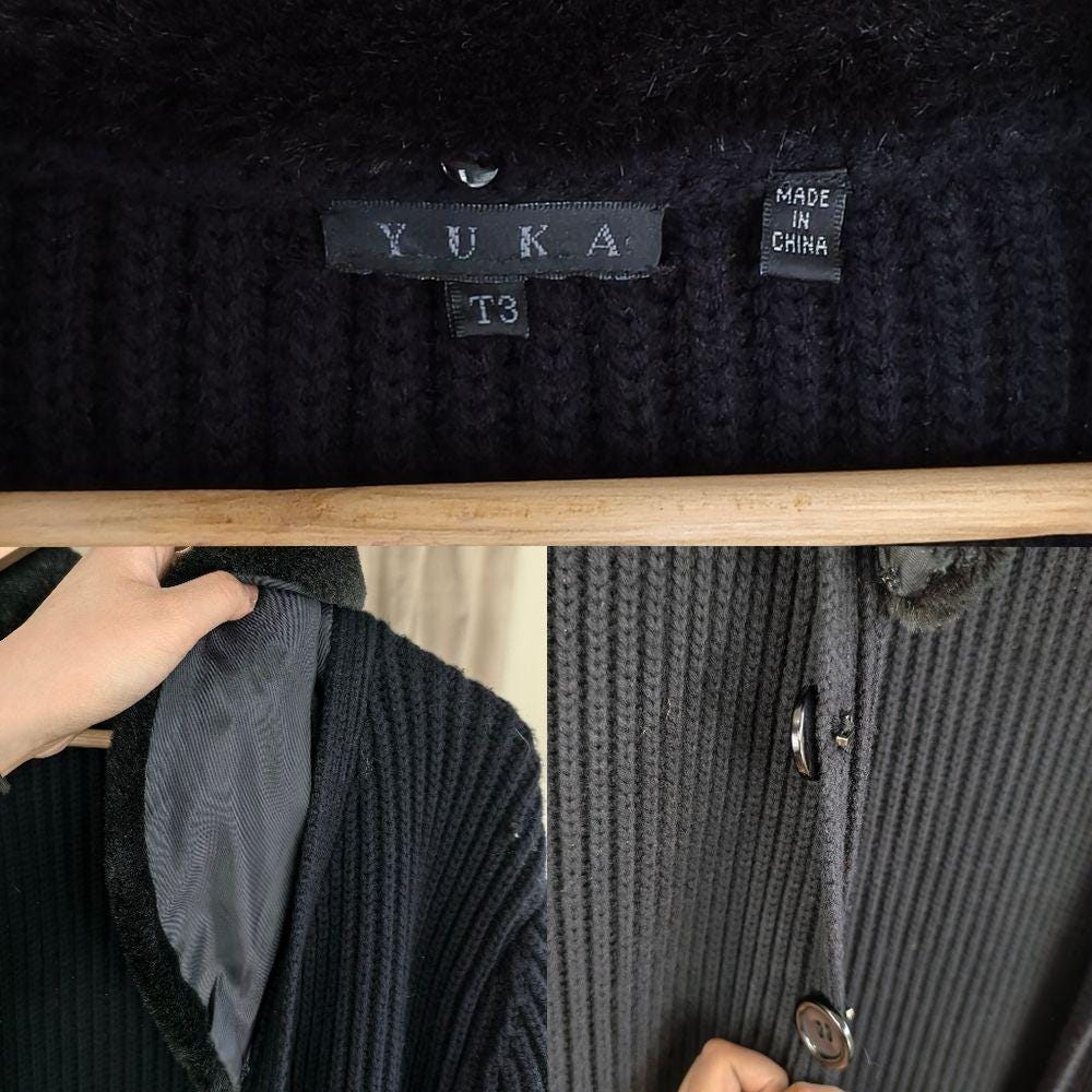Yuka Chunky Black Long Cardigan with Faux Fur Collar