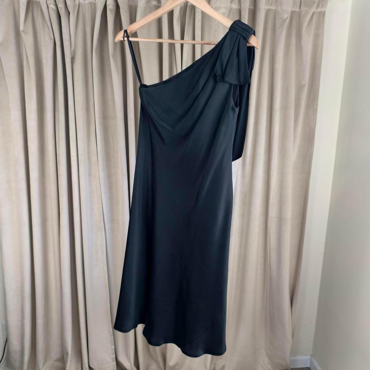 Ann Taylor Black Silk One Shoulder Midi Dress with Bow
