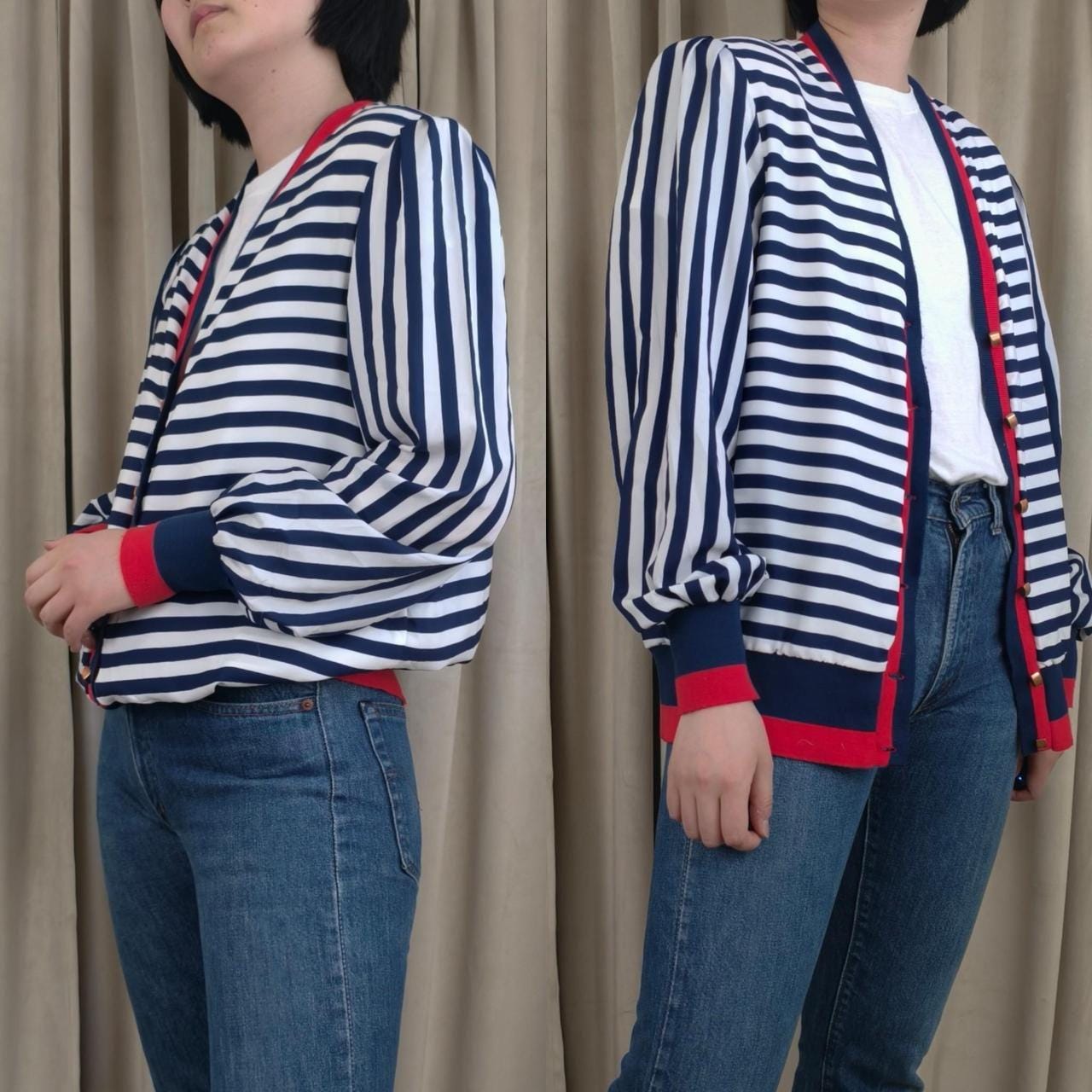 Vintage Striped Navy and White Cardigan with Red Trim