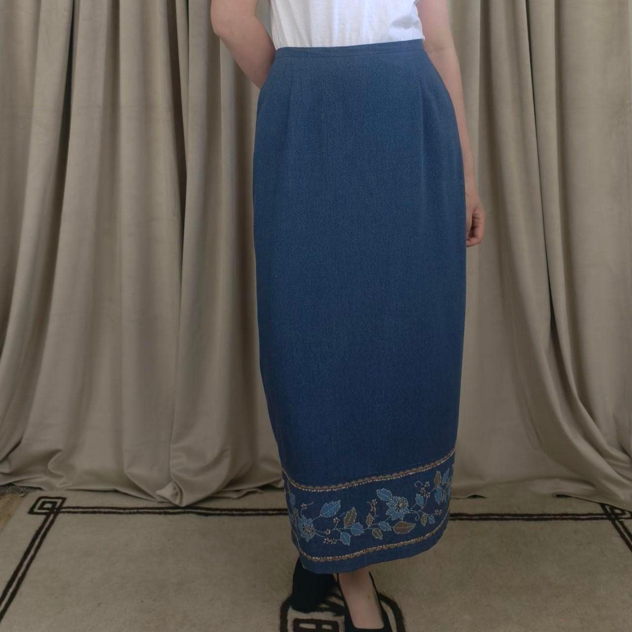 Vintage Blue Denim Maxi Skirt with Floral Embroidery