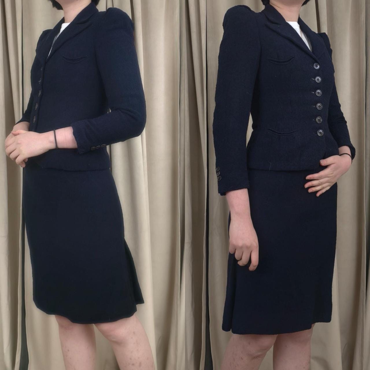 Vintage Navy Wool Fitted Skirt Suit with Puffy Shoulders