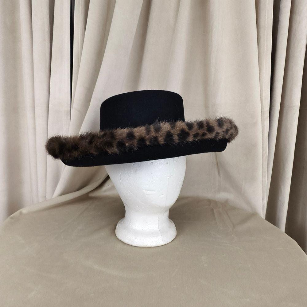 Vintage Black Wool Rimmed Hard Hat with Leopard Faux Fur Trim
