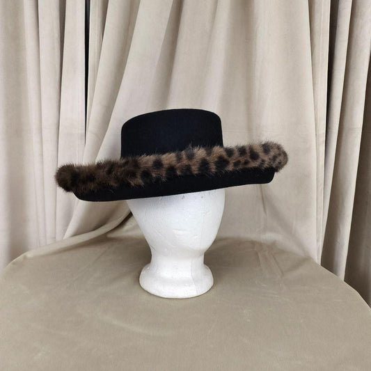 Vintage Black Wool Rimmed Hard Hat with Leopard Faux Fur Trim