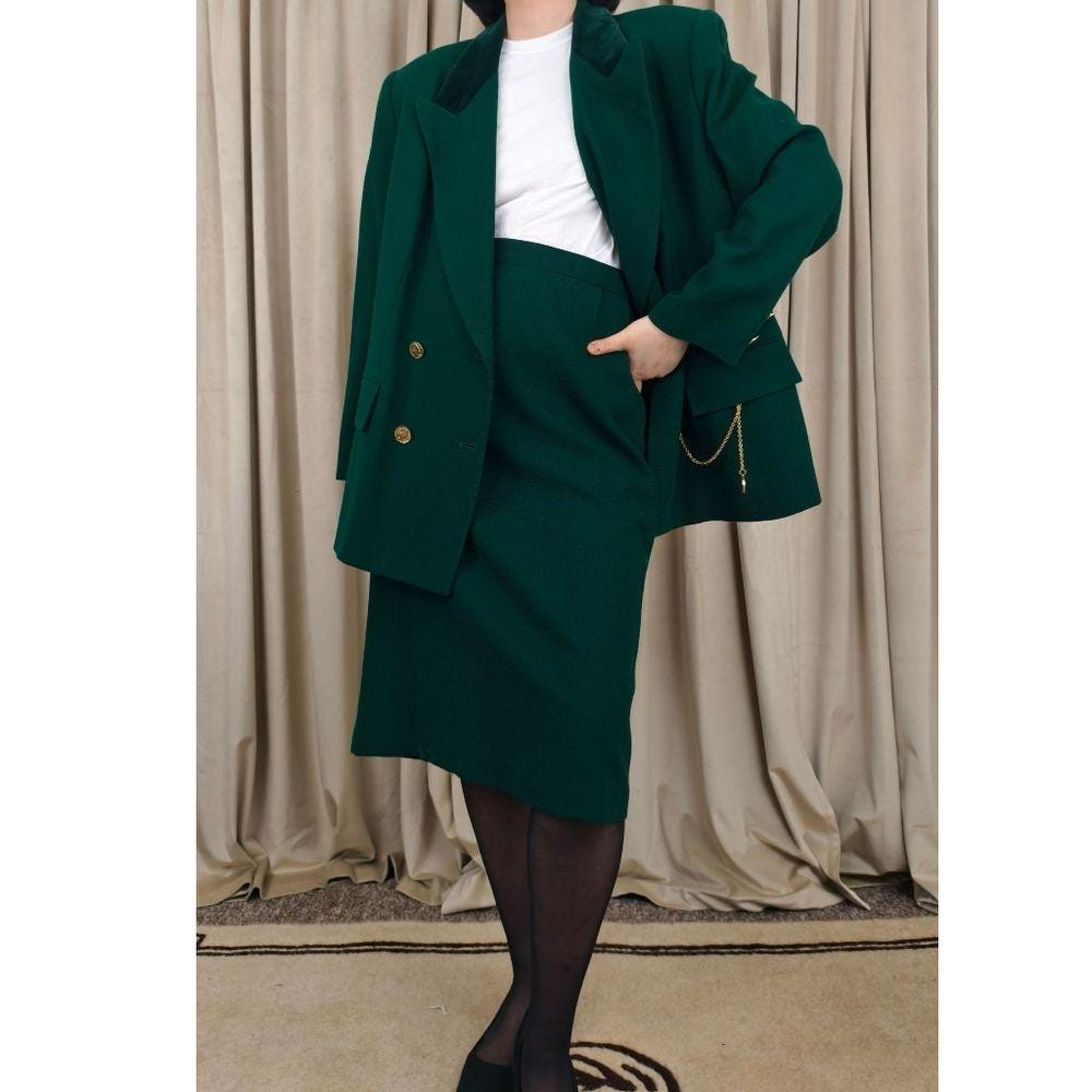 Vintage Kasper Green Wool Skirt and Blazer Suit with Gold Accents