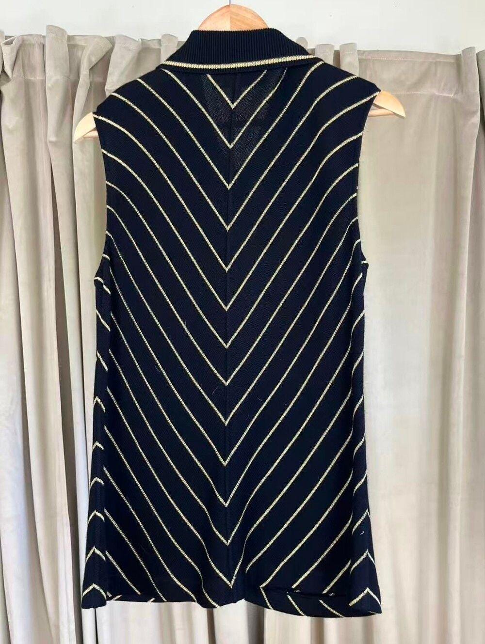 Vintage St John Sport Sleeveless Black Polo Sweater Vest with Gold Stripes