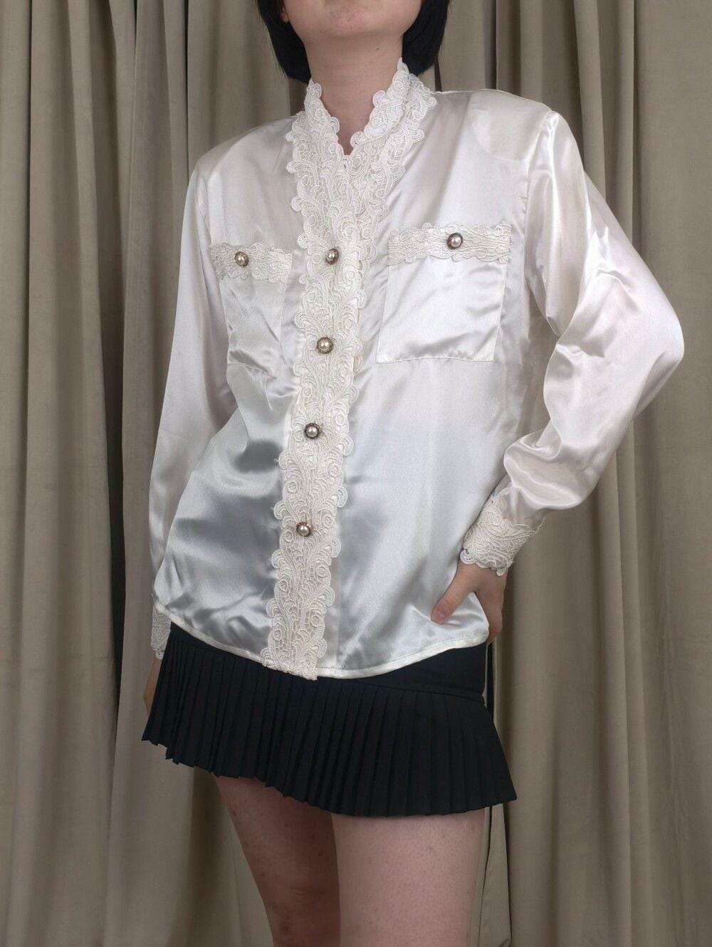Vintage Tess White Satin Blouse with Lace Detailing