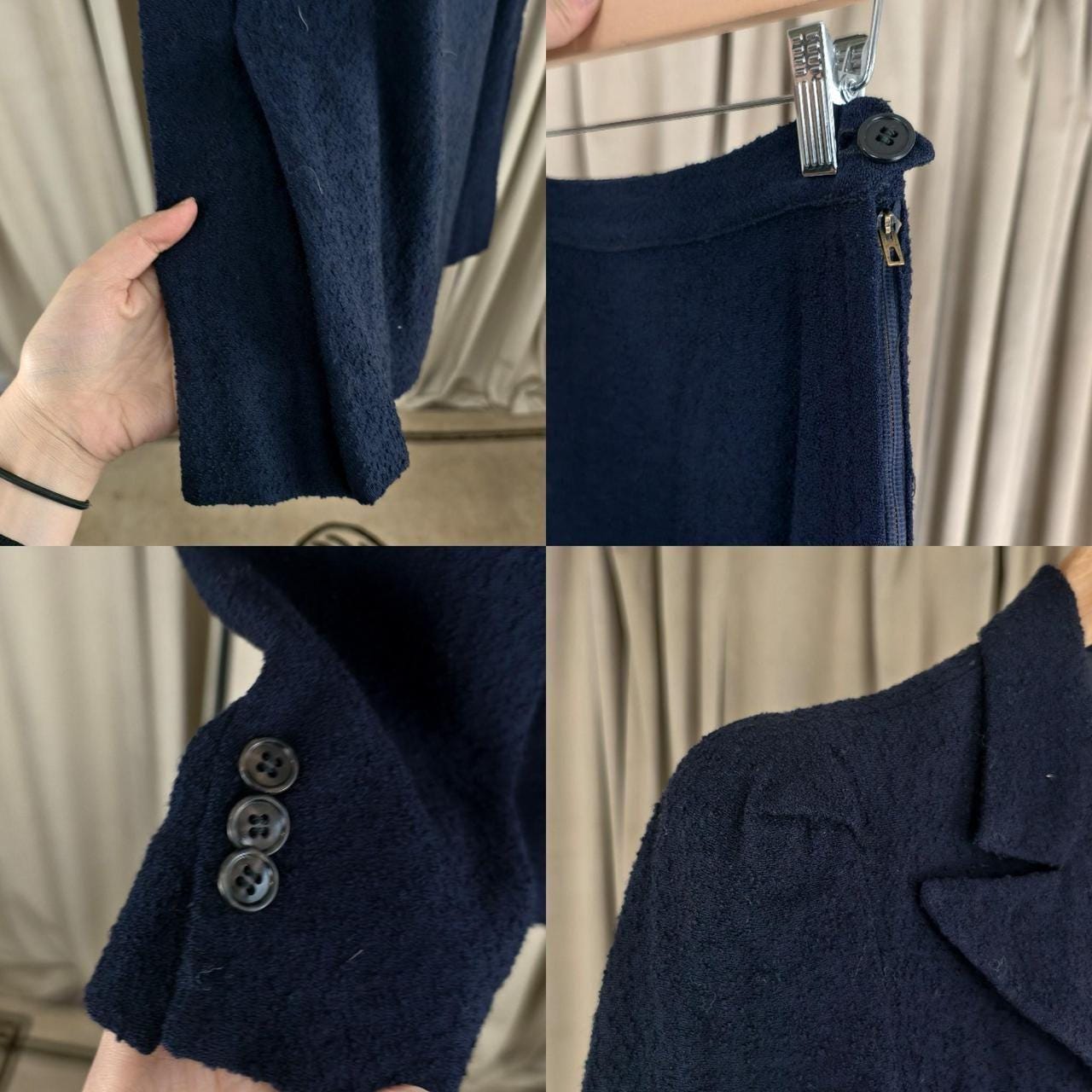 Vintage Navy Wool Fitted Skirt Suit with Puffy Shoulders
