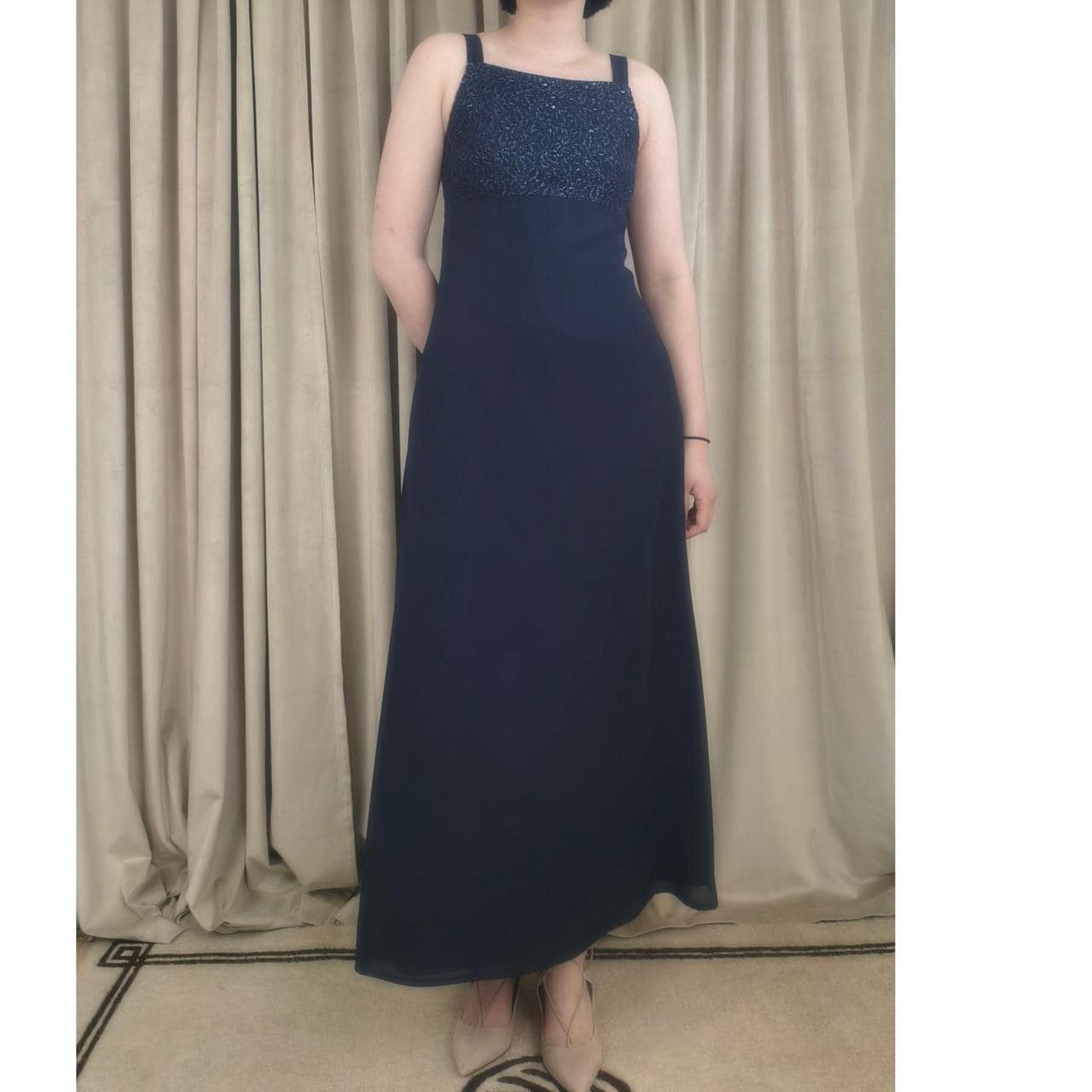 Vintage Navy blue maxi dress with embroidered top and flowy skirt