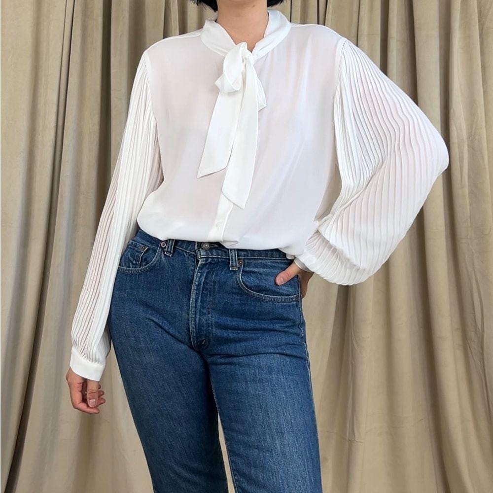 Tahari White Sheer Chiffon Blouse with Pleated Lantern Sleeves Bow Detail