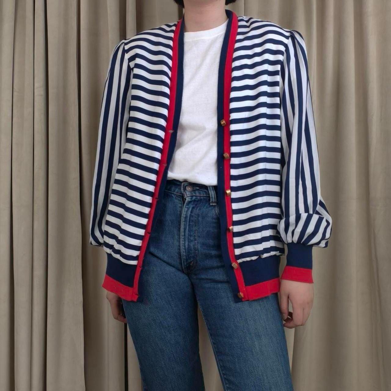 Vintage Striped Navy and White Cardigan with Red Trim