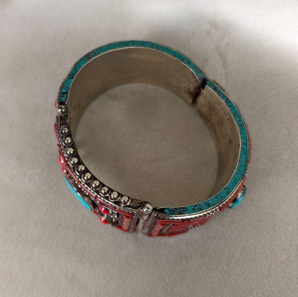 Antique Handmade Tibetan Sterling Silver Red Coral and Turquoise Bracelet