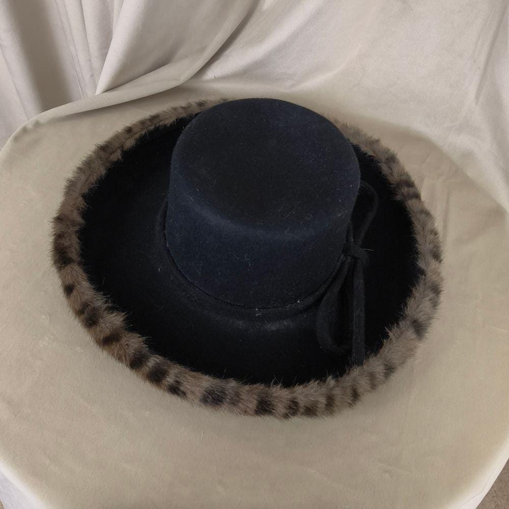 Vintage Black Wool Rimmed Hard Hat with Leopard Faux Fur Trim