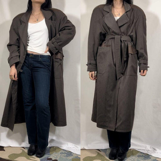 Vintage Made in France Grey Trench Coat with Faux Leather Detailing