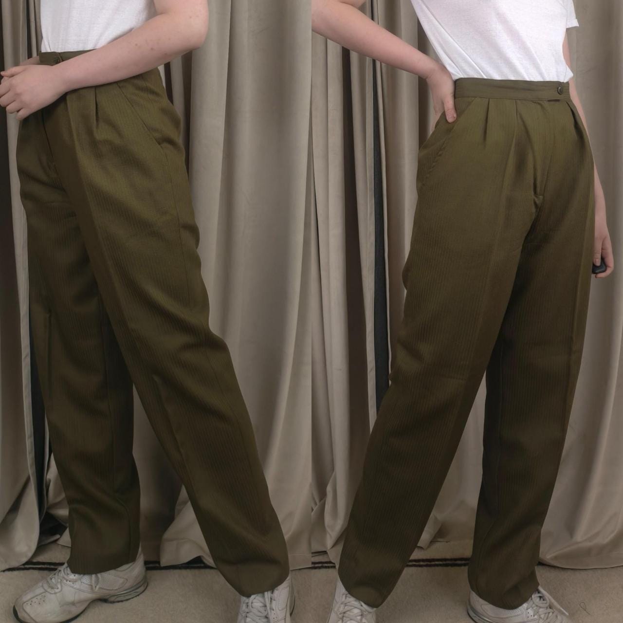 Vintage Jones New York Khaki and Green High-Waisted Wool Tailored Trousers