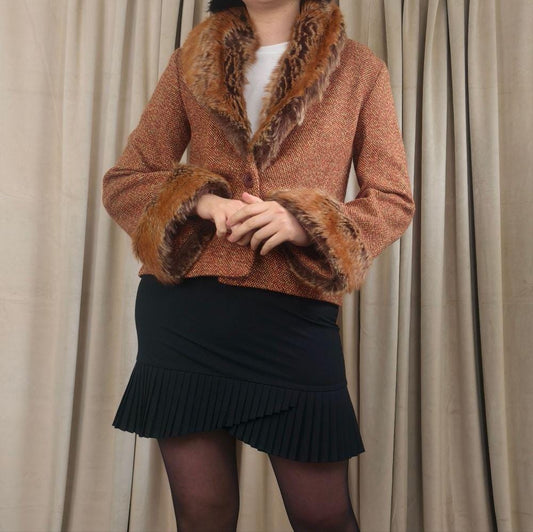Vintage Orange Brown Cropped Pennylane Tweed Jacket Fox Fur Collar and Cuffs