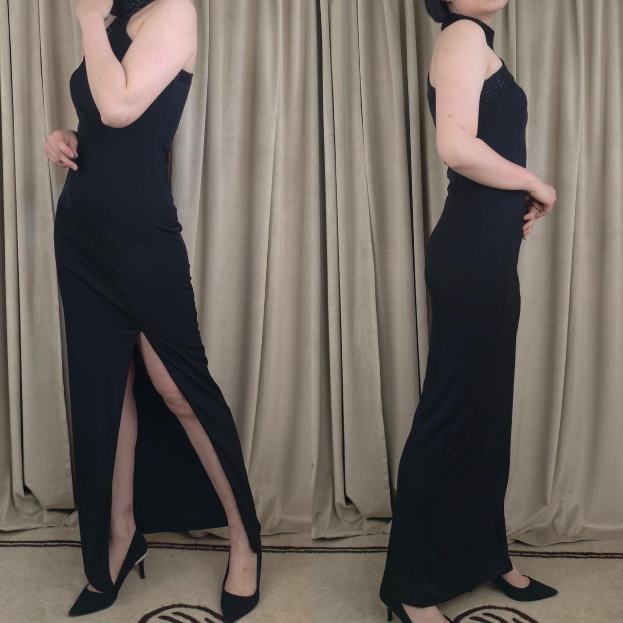 Vintage Cache Y2K Black Maxi Prom Dress Gown with Beaded halter Neck and Slit