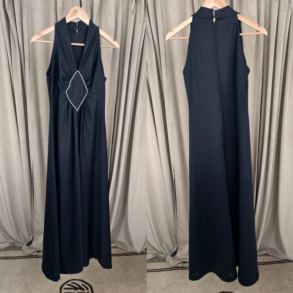 Vintage Black Sleeveless Halter Neck Maxi Dress with Beaded Accent