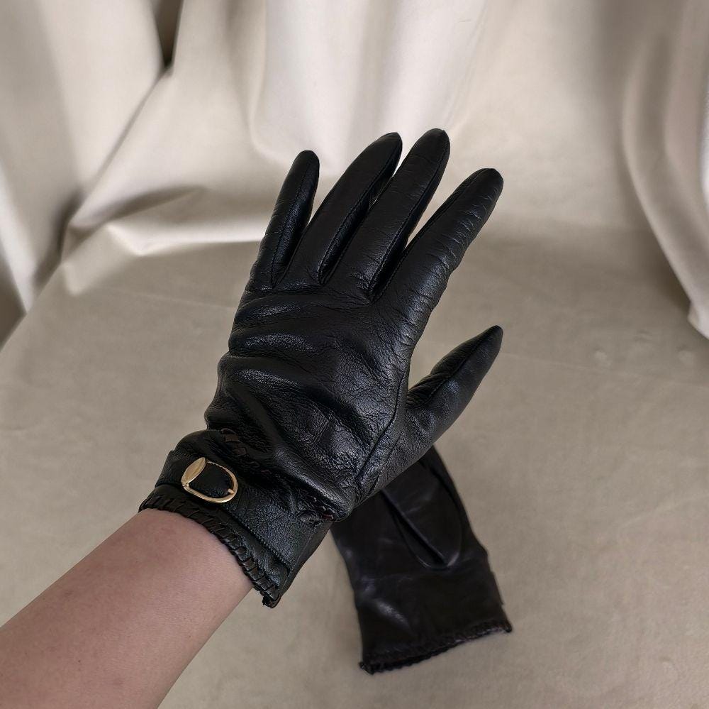 Vintage Black Leather Gloves with Gold Buckle