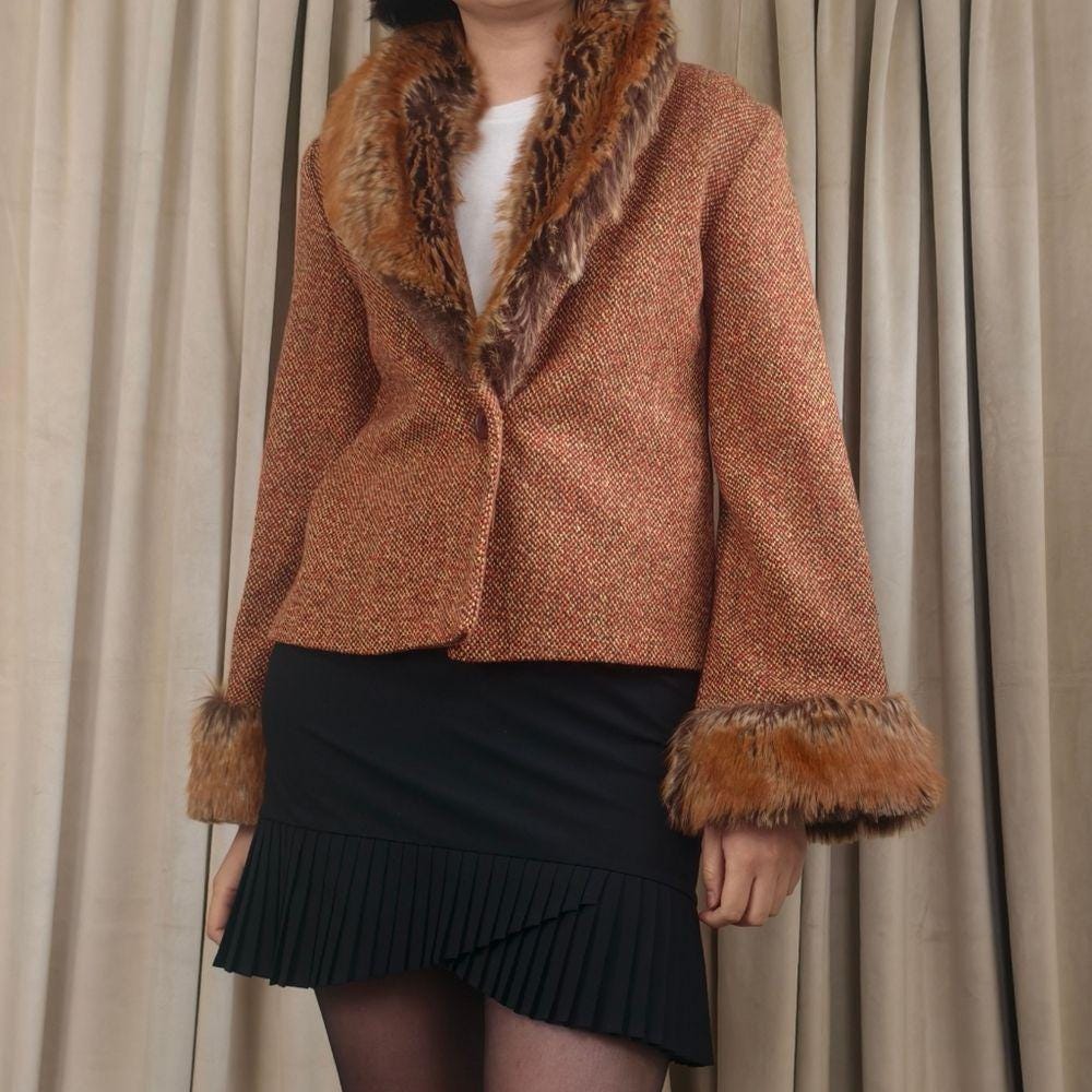 Vintage Orange Brown Cropped Pennylane Tweed Jacket Fox Fur Collar and Cuffs