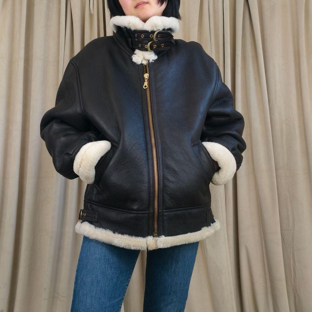 Vintage US Air Force Style Sheepskin Dark Brown Shearling Leather Jacket