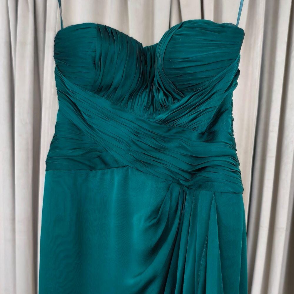 Teri Jon by Rikie Freeman Strapless Green Silk Evening Gown with Sheer Shawl