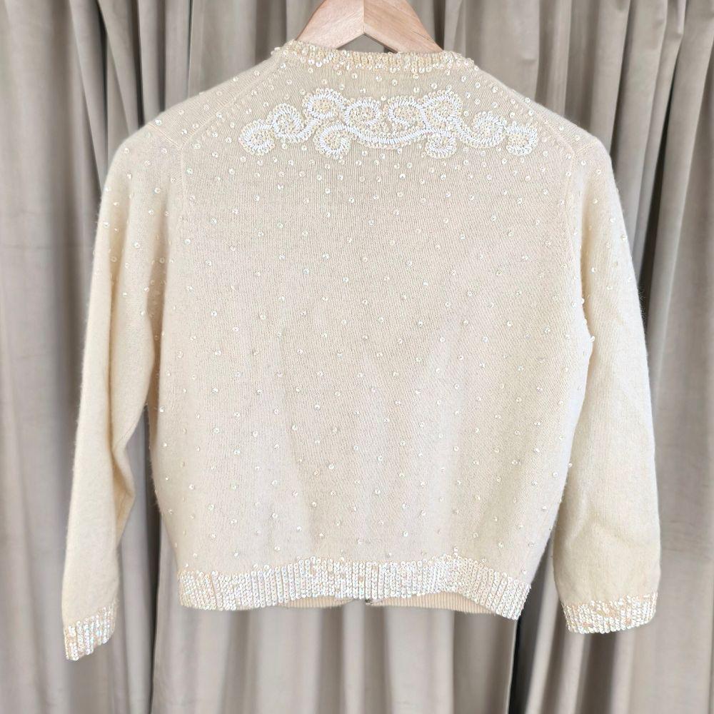Vintage Wool and Rabbit Hair Cream Cardigan with Sequins Embellishments