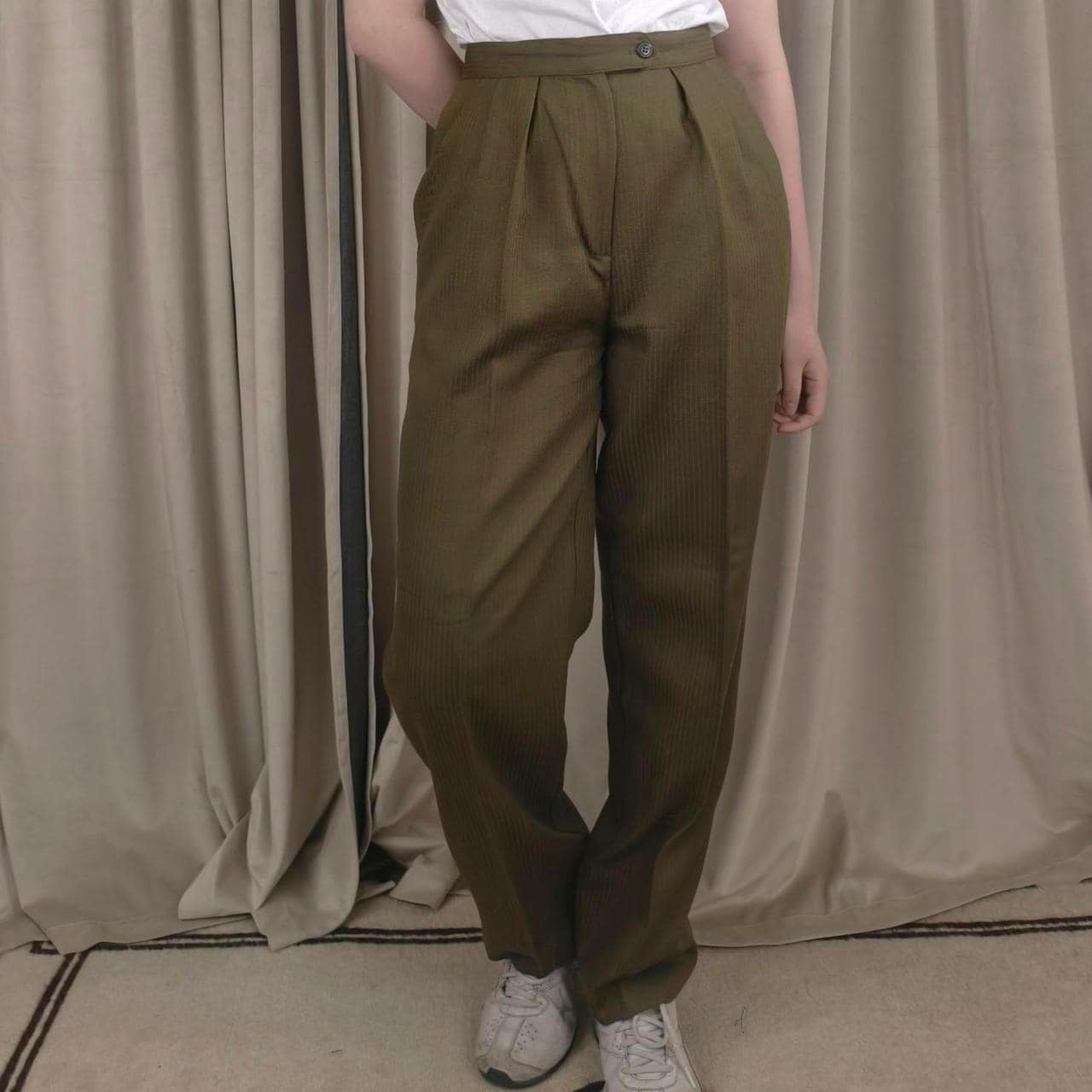 Vintage Jones New York Khaki and Green High-Waisted Wool Tailored Trousers