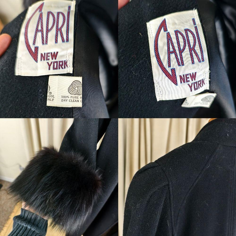 Vintage Capri Black Full Length Belted Wool Coat with Fox Fur Cuffs