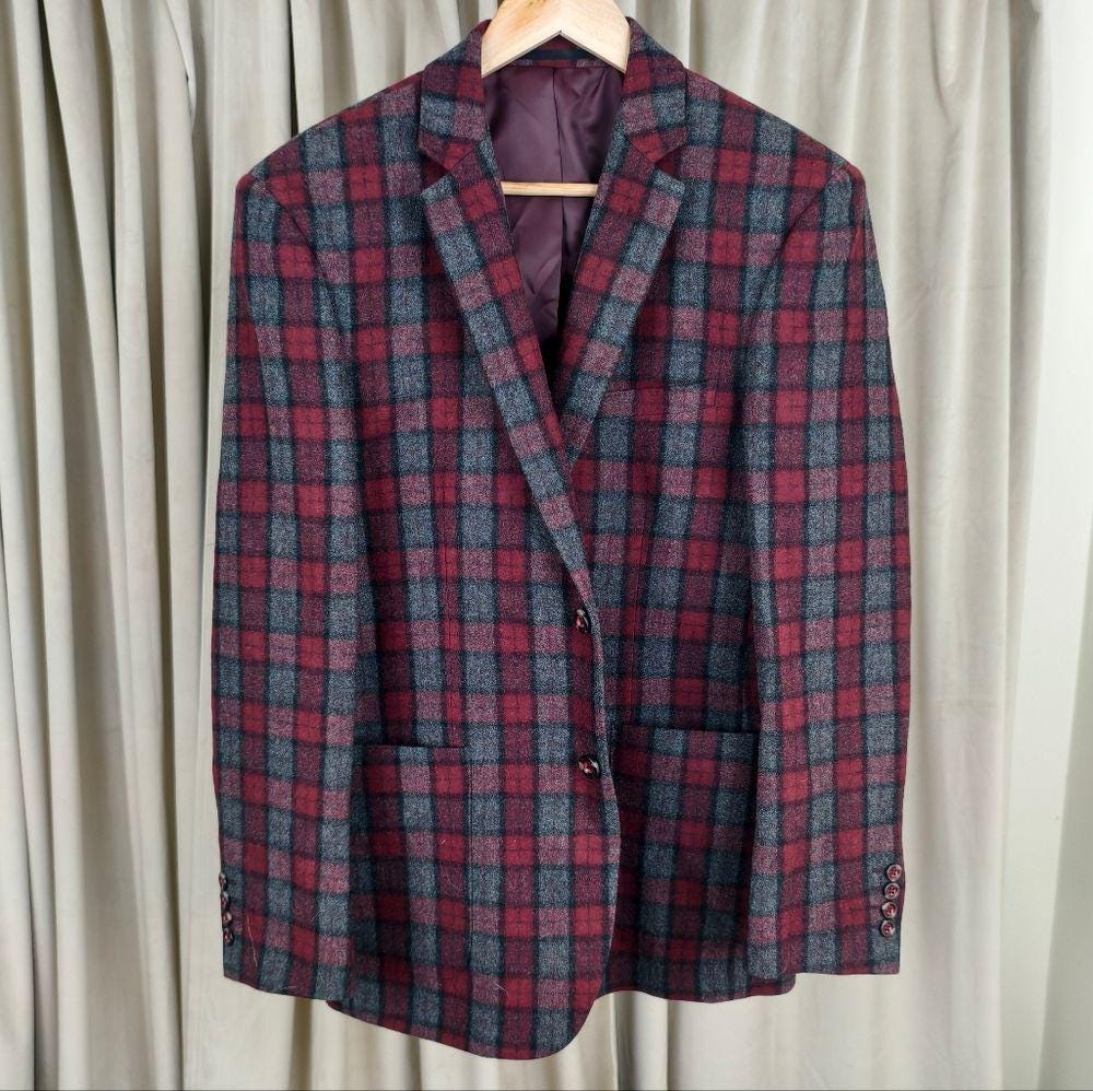 Vintage Zenbrielle Red and Gray Plaid Wool Blend Blazer