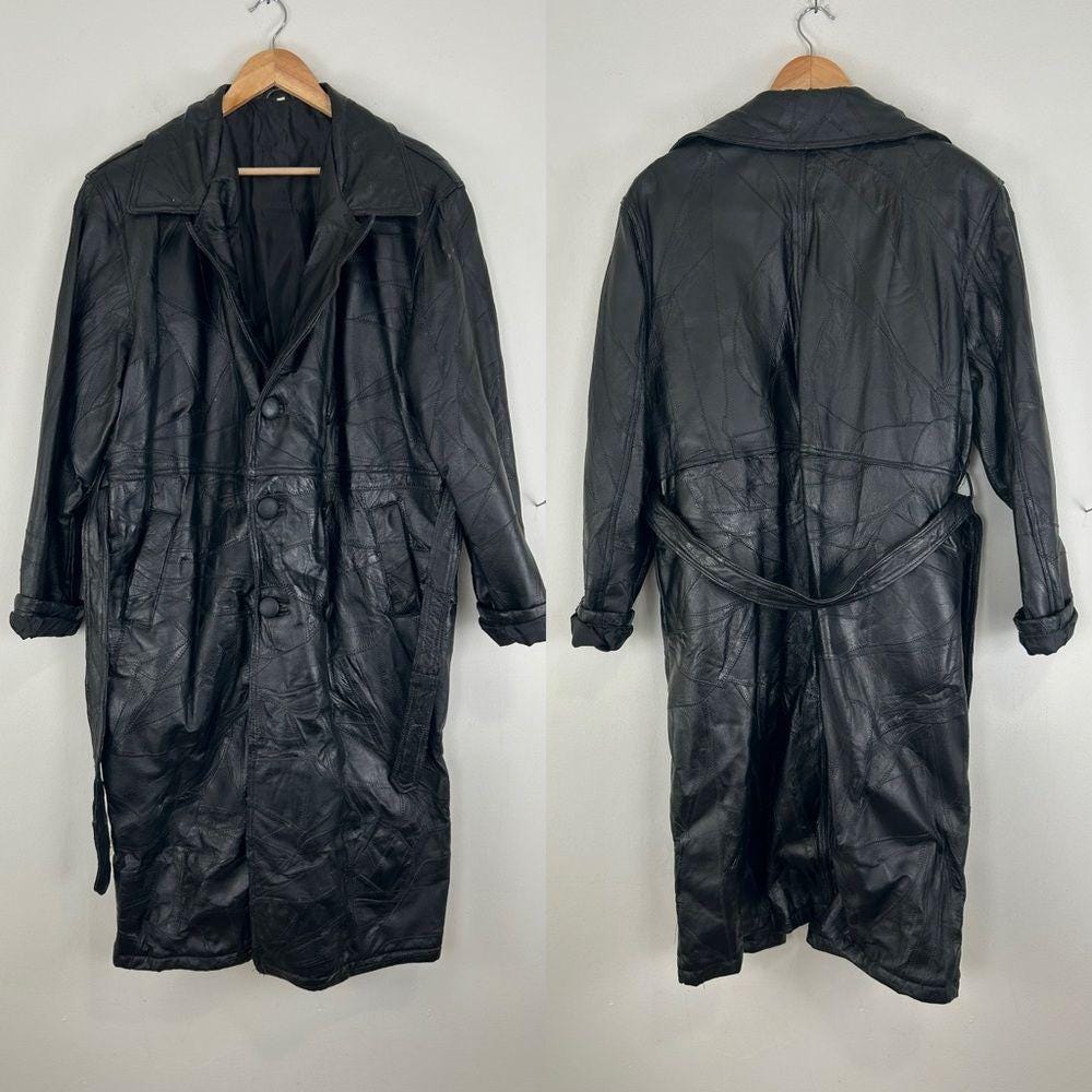 Vintage Black Patchwork Leather Trench Coat with Belt