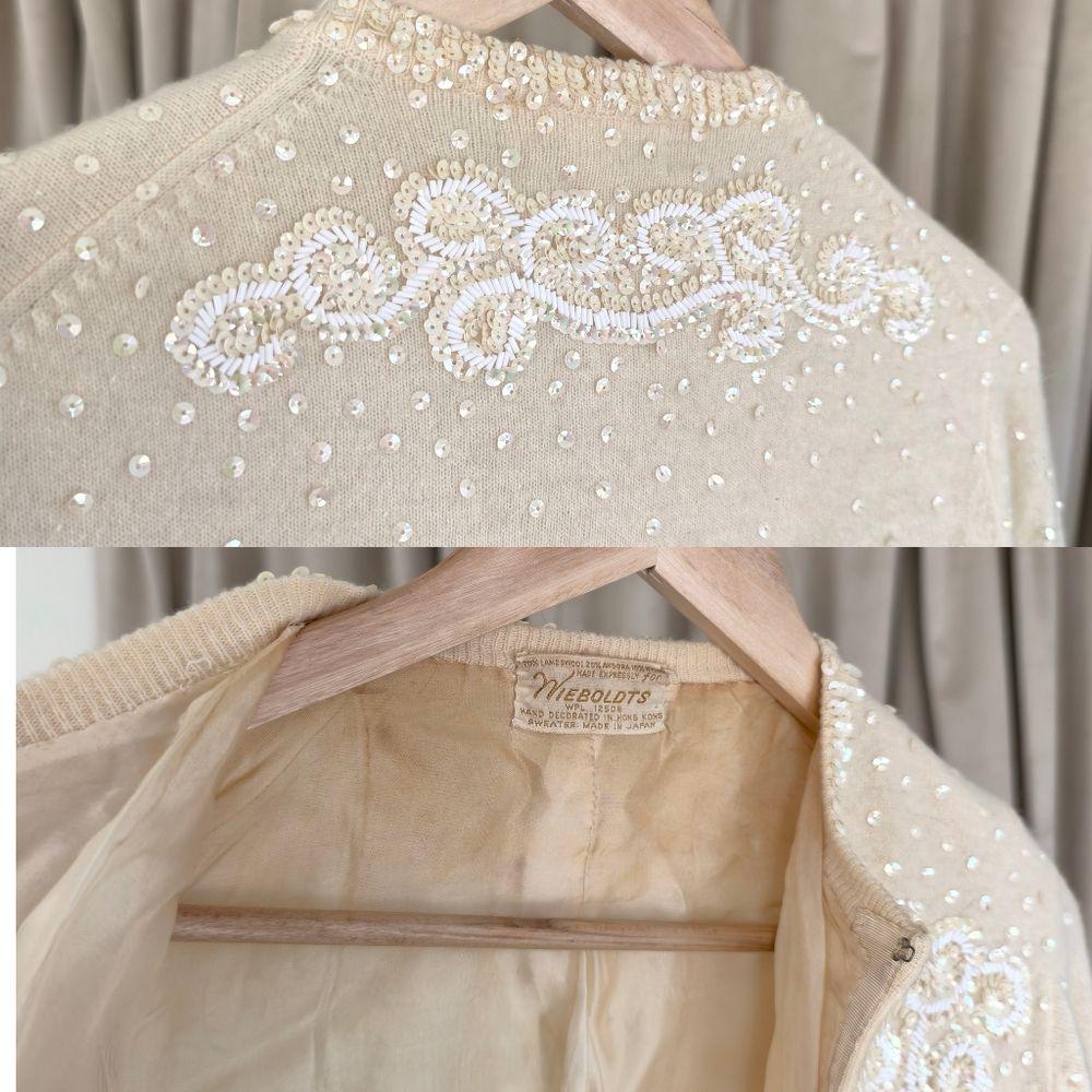 Vintage Wool and Rabbit Hair Cream Cardigan with Sequins Embellishments