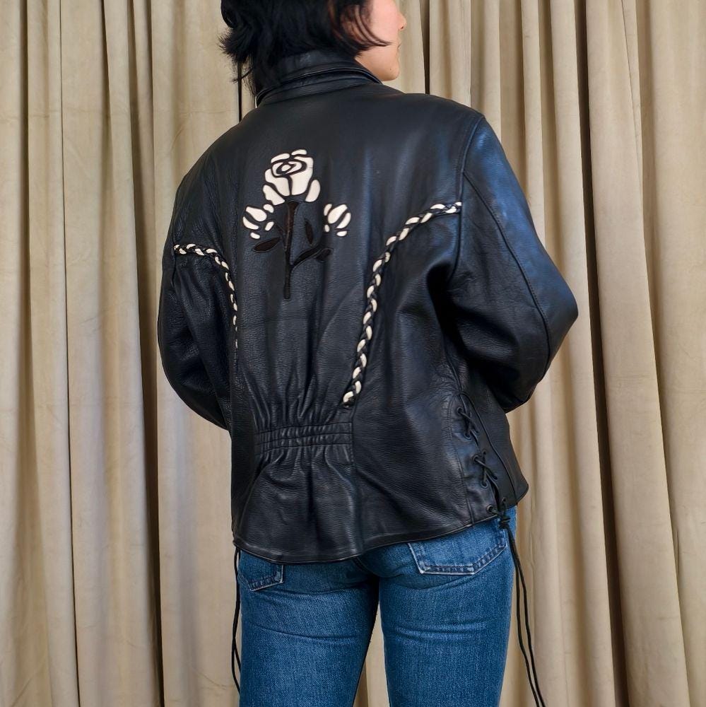 RARE Vintage UNIK Black Leather Biker Jacket with White Rose Floral Design