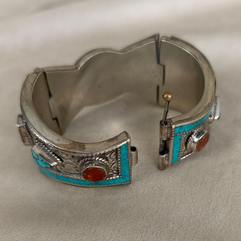 Antique Handmade Tibetan Turquoise and Red Coral Sterling Silver Bracelet
