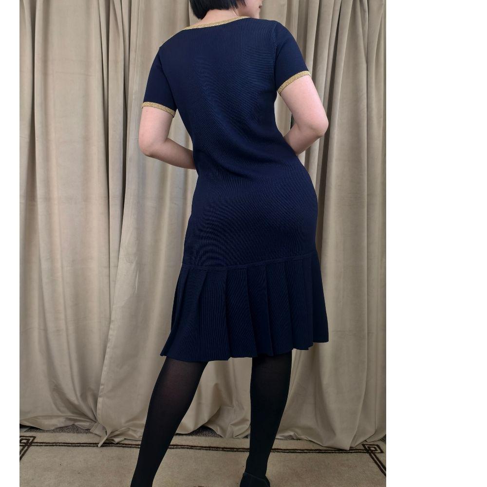 Vintage Sutton Studio Navy and Gold Short-Sleeve Pleated Hem Sweater Dress