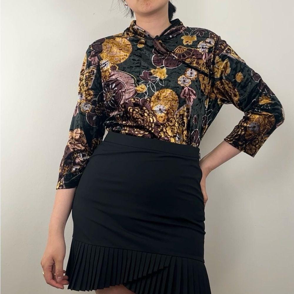 Vintage Floral Velvet Top with Mandarin Collar