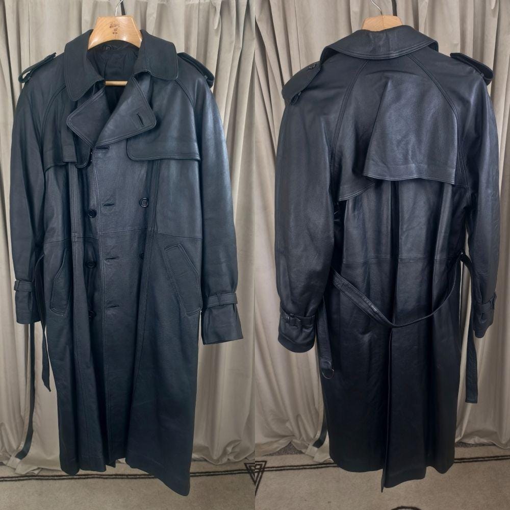 Vintage Black Genuine Leather Double Breasted Trench Coat