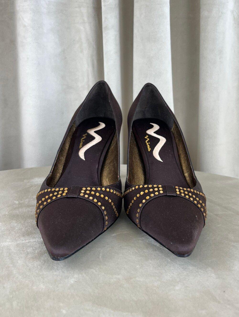 Vintage Mina Dark Brown Women's Pointed Toe Studded Satin Pumps