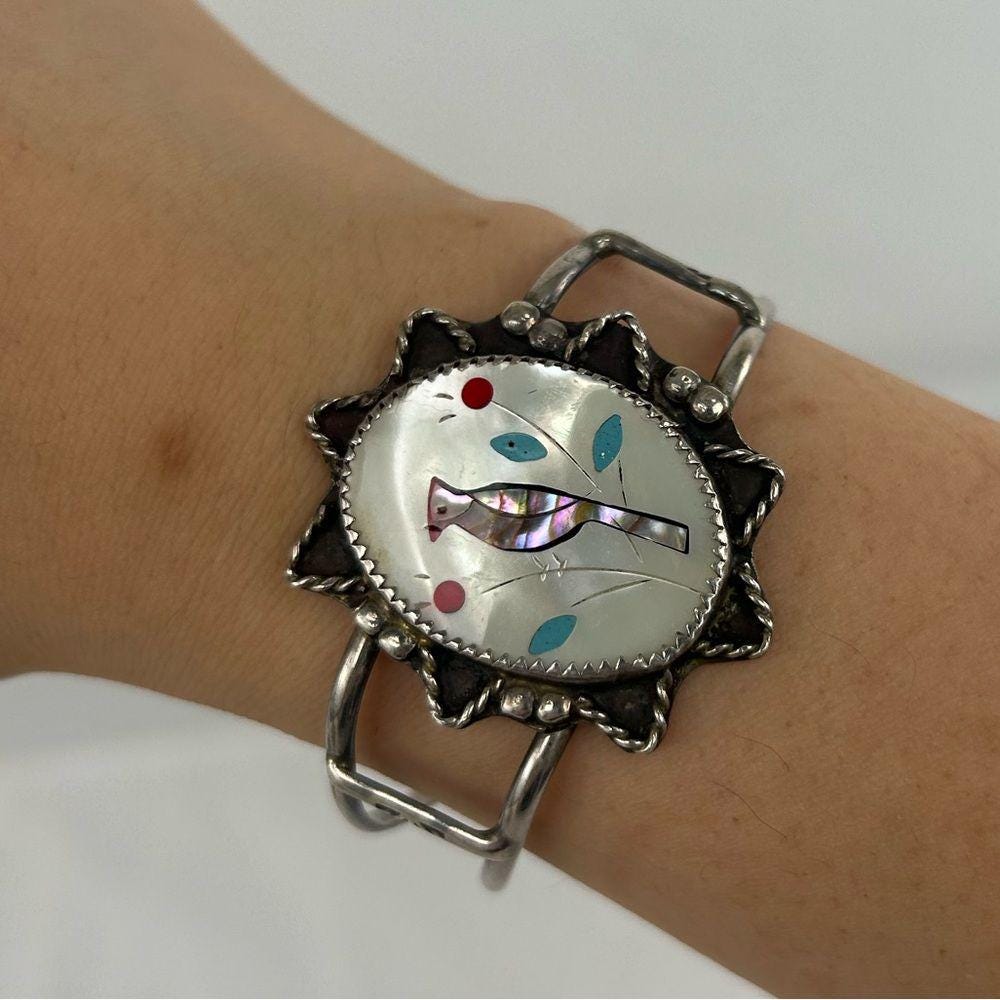 Vintage Silver Zuni Inlaid Mother of Pearl Bird Bracelet