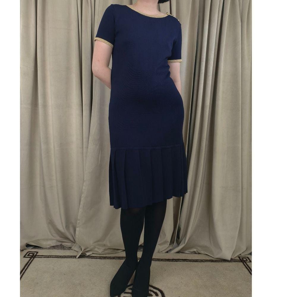 Vintage Sutton Studio Navy and Gold Short-Sleeve Pleated Hem Sweater Dress