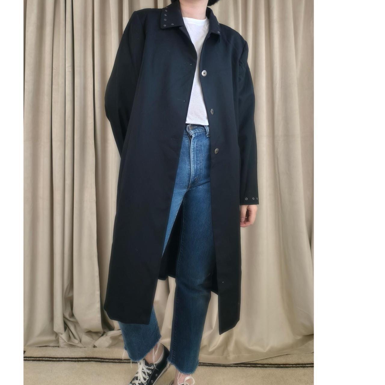 Vintage Harve Benard Black Wool Trench Coat with Eyelets