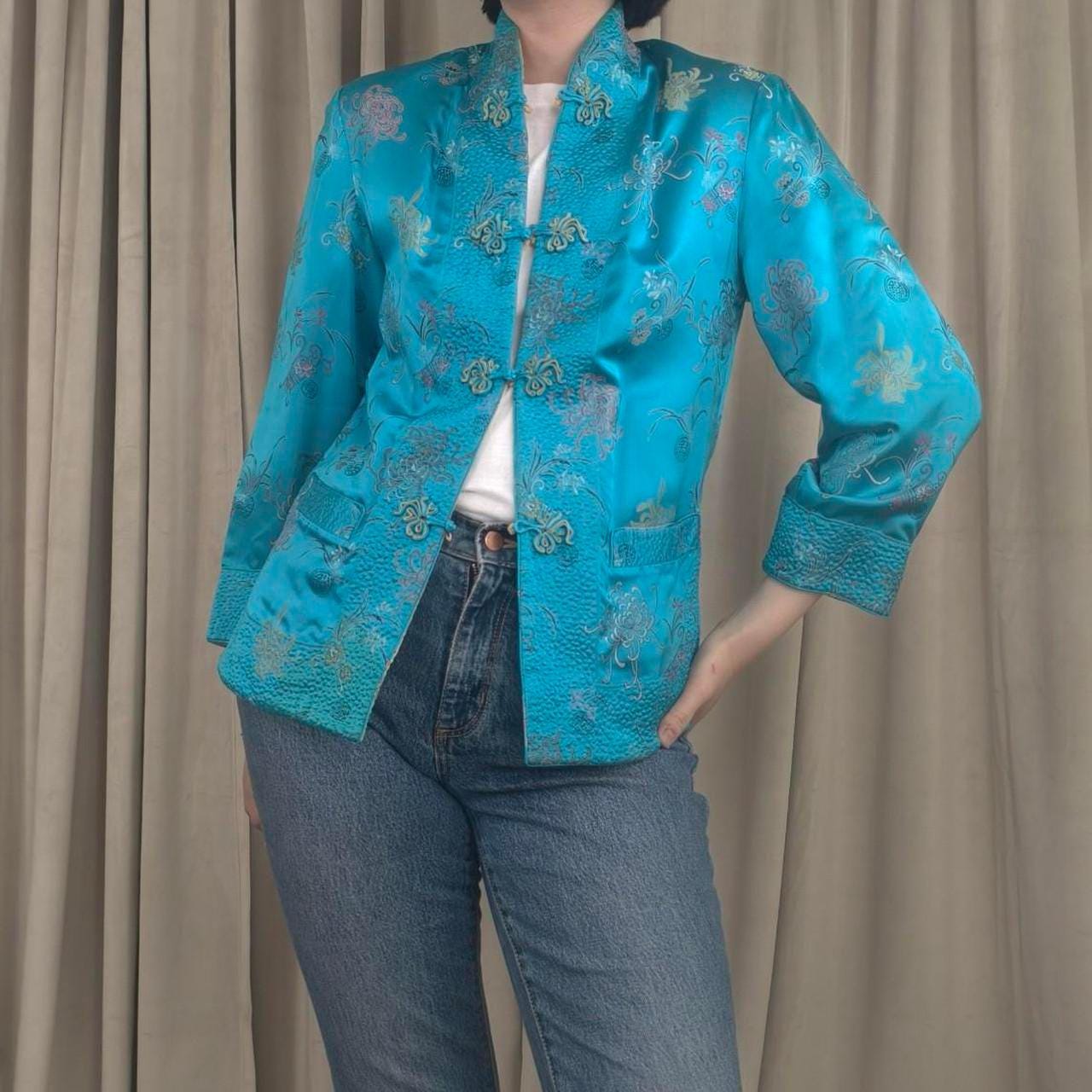 Vintage Asian Reversible Gold and Blue Embroidered Mandarin Tang Jacket