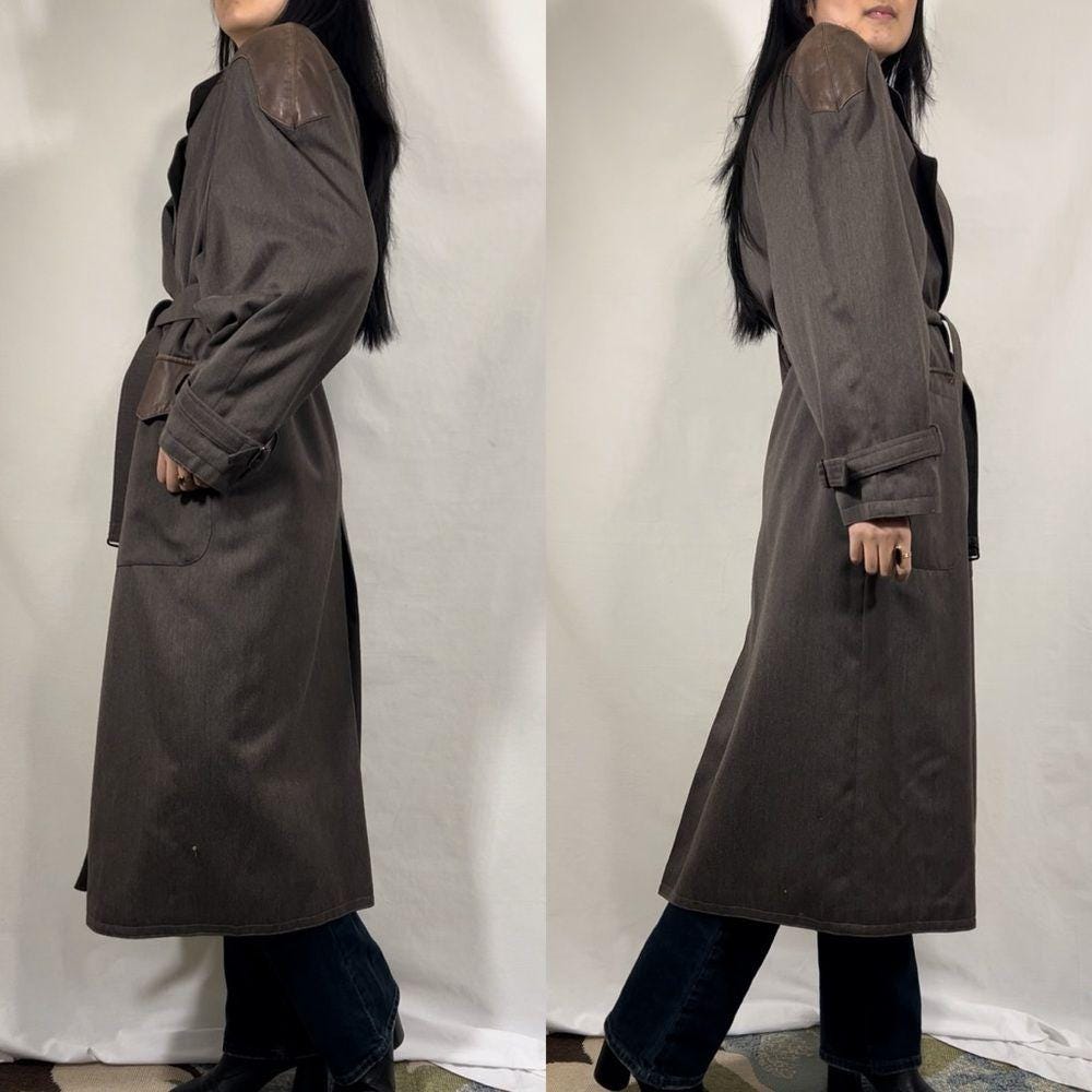 Vintage Made in France Grey Trench Coat with Faux Leather Detailing