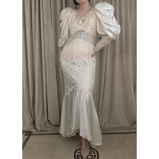 Vintage Cache Boho Cream Satin and Lace Wedding Gown