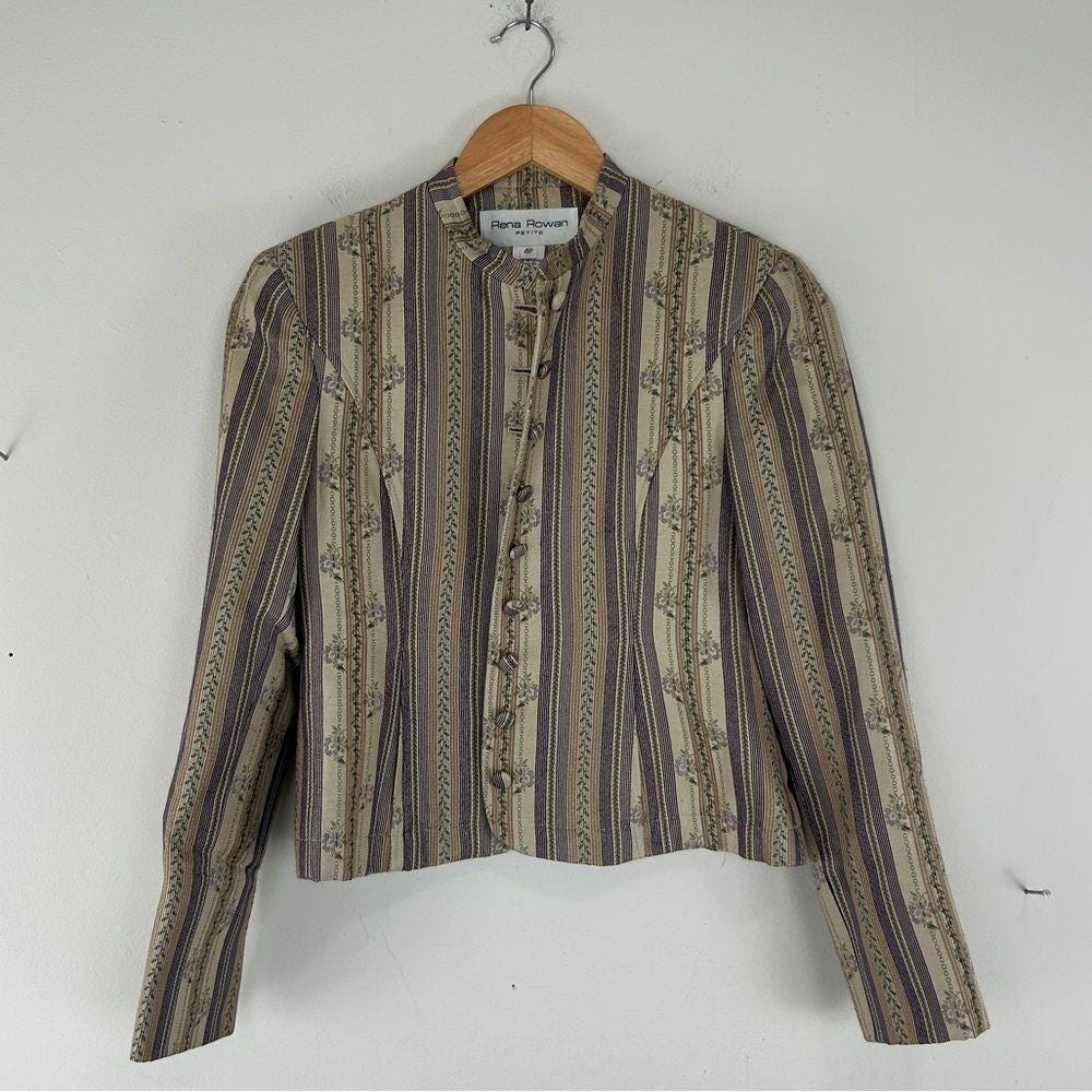 Vintage Rena Rowan Beige and Lavender Cropped Striped Silk Blazer