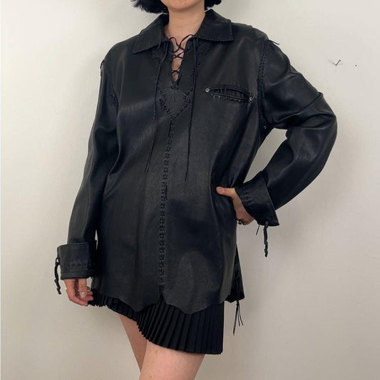 RARE Vintage Ralph Lauren Purple Label Black Lambskin  Shirt Lace Up Detailing