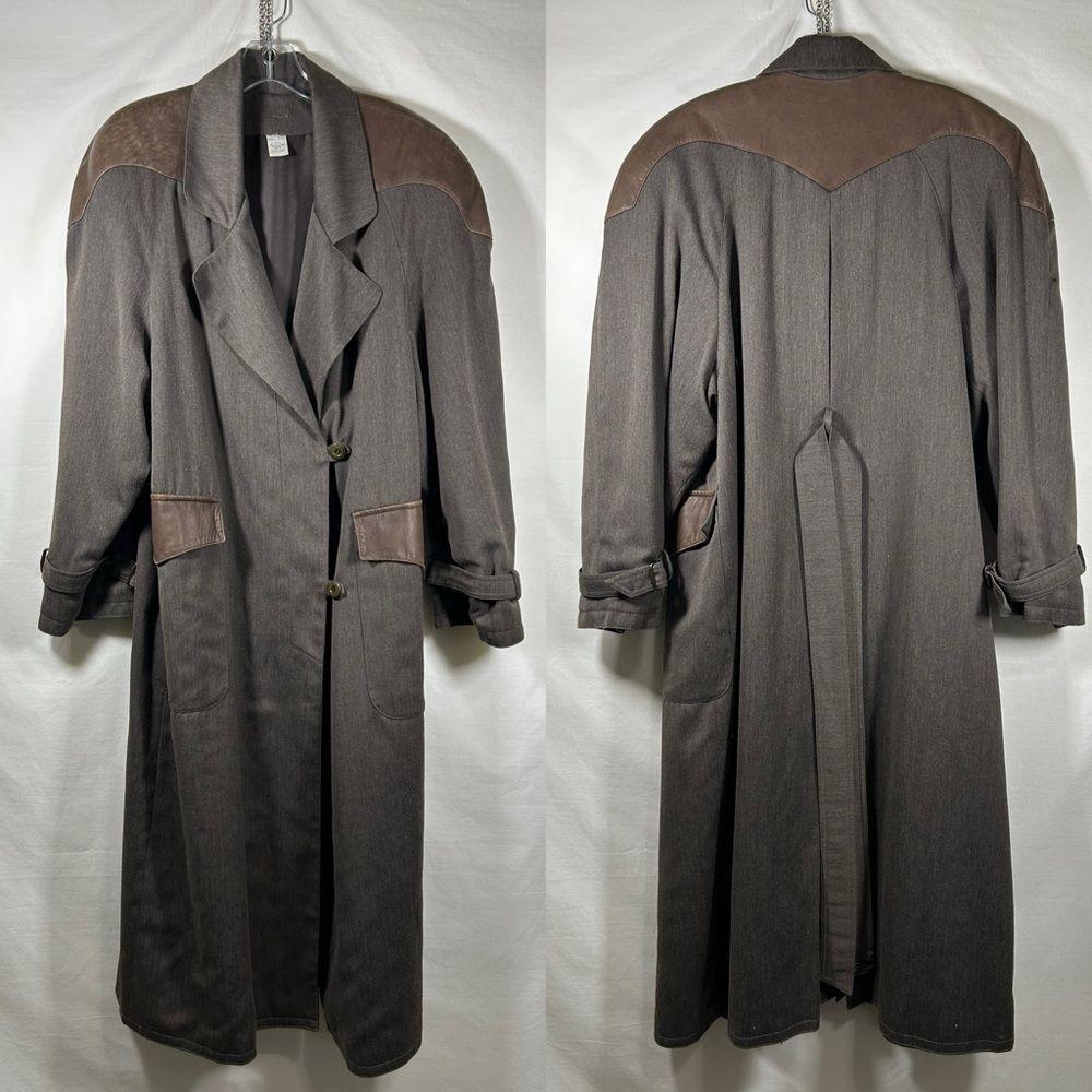 Vintage Made in France Grey Trench Coat with Faux Leather Detailing
