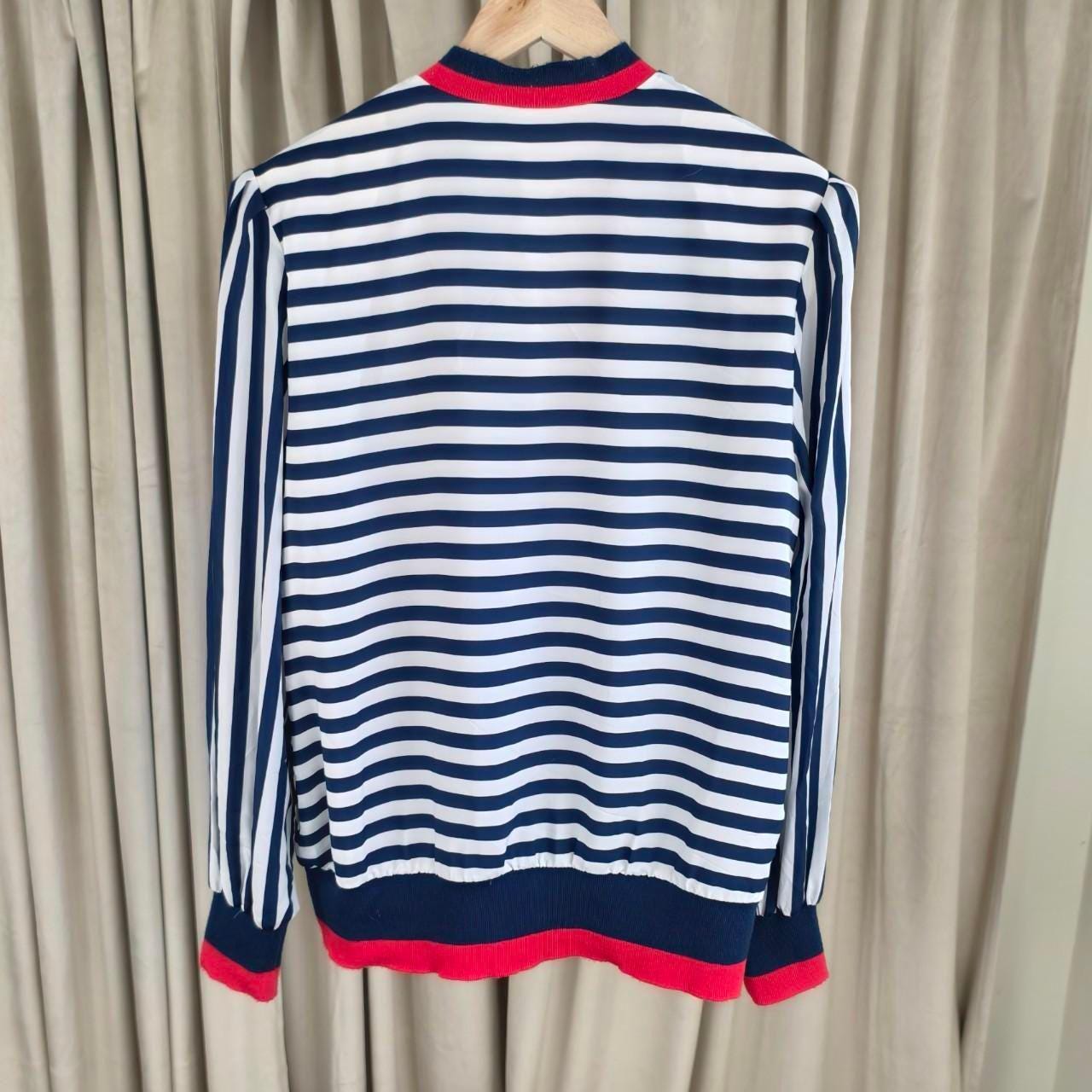 Vintage Striped Navy and White Cardigan with Red Trim